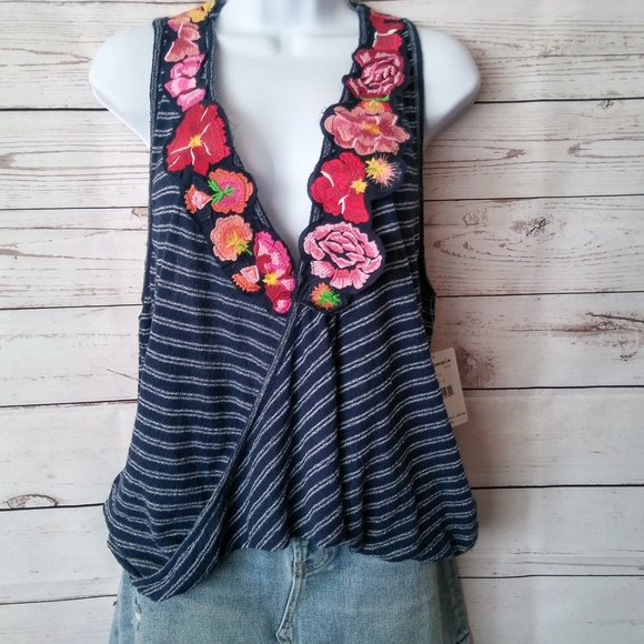 Free People Tops - NWT Free People Frida Faux Wrap Navy Striped Embroidered Racer Back Tank Top XS